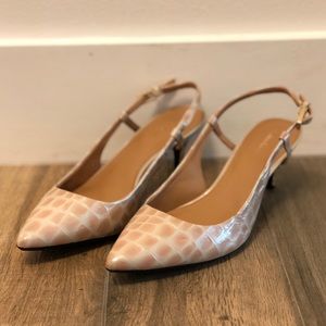 Blush crocodile patent leather sling backs